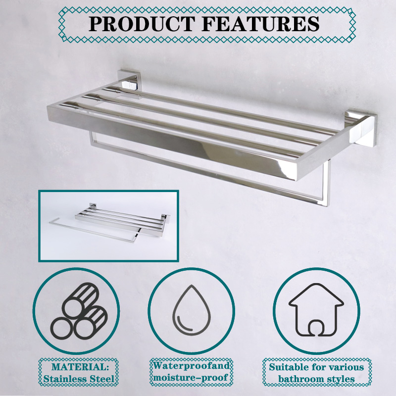 Double Towel Bar Rack Shelf Chrome Bathroom Accessories Square