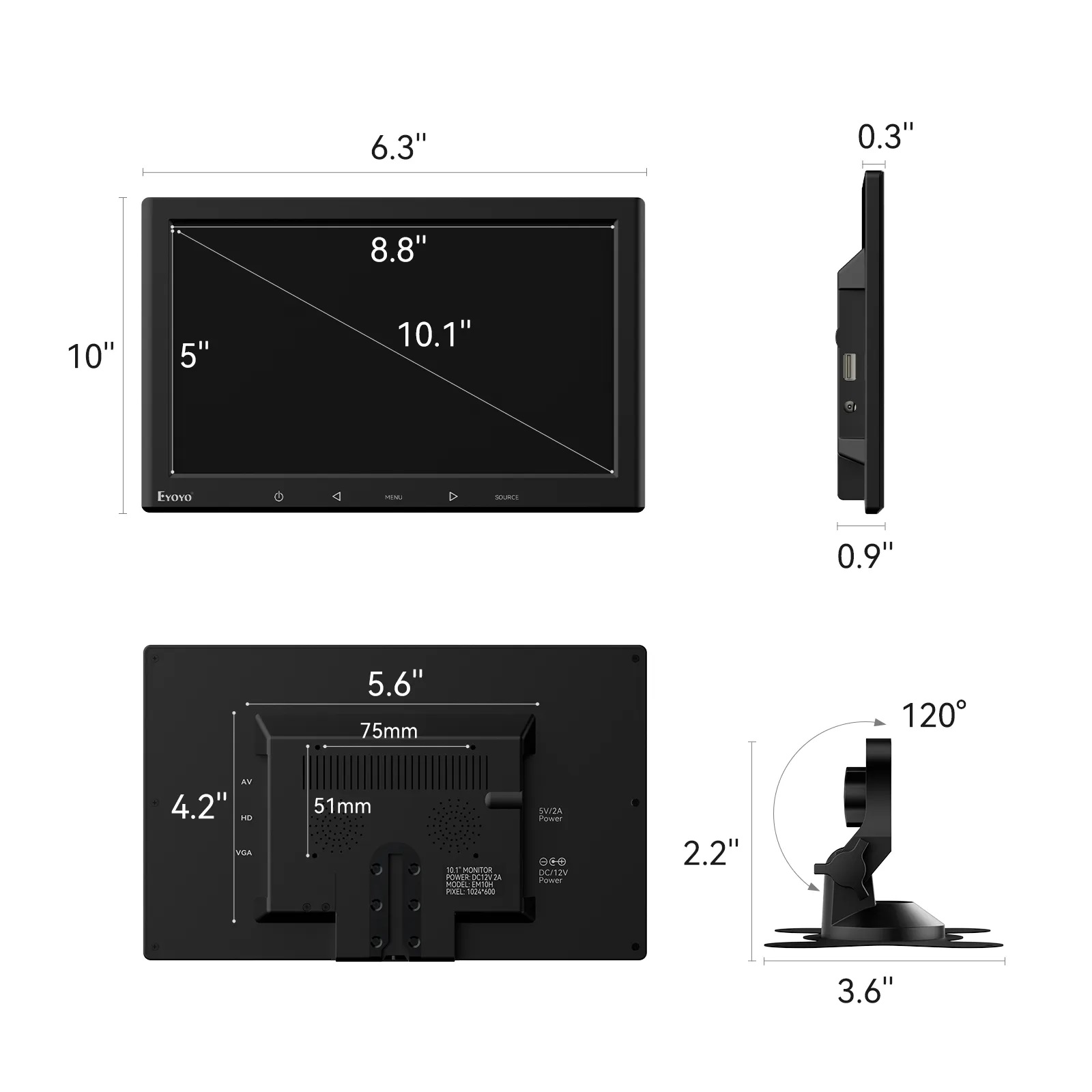 Eyoyo 7 inch/10 inch Monitor, 1024x600 Small IPS HDMI Monitor, HDMI VGA ...