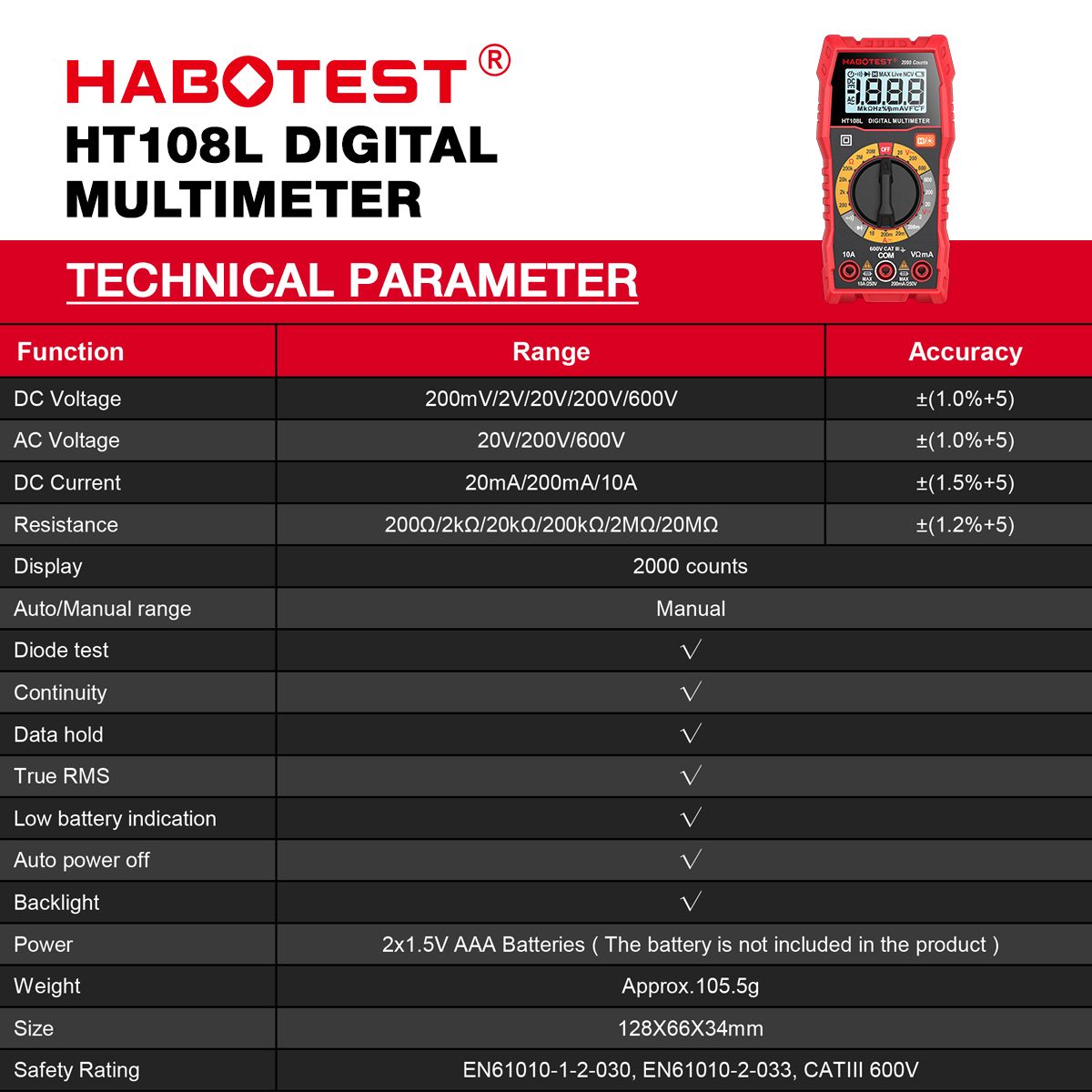 HABOTEST HT108L Digital Multimeter Tester Electrical Test Tool CAT.III ...