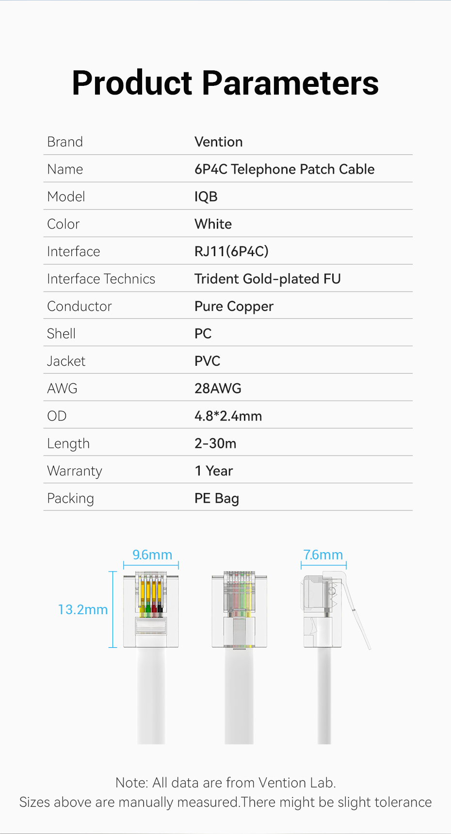 VENTION Flat 6P4C Telephone Patch Cable White IQB Designed for ...