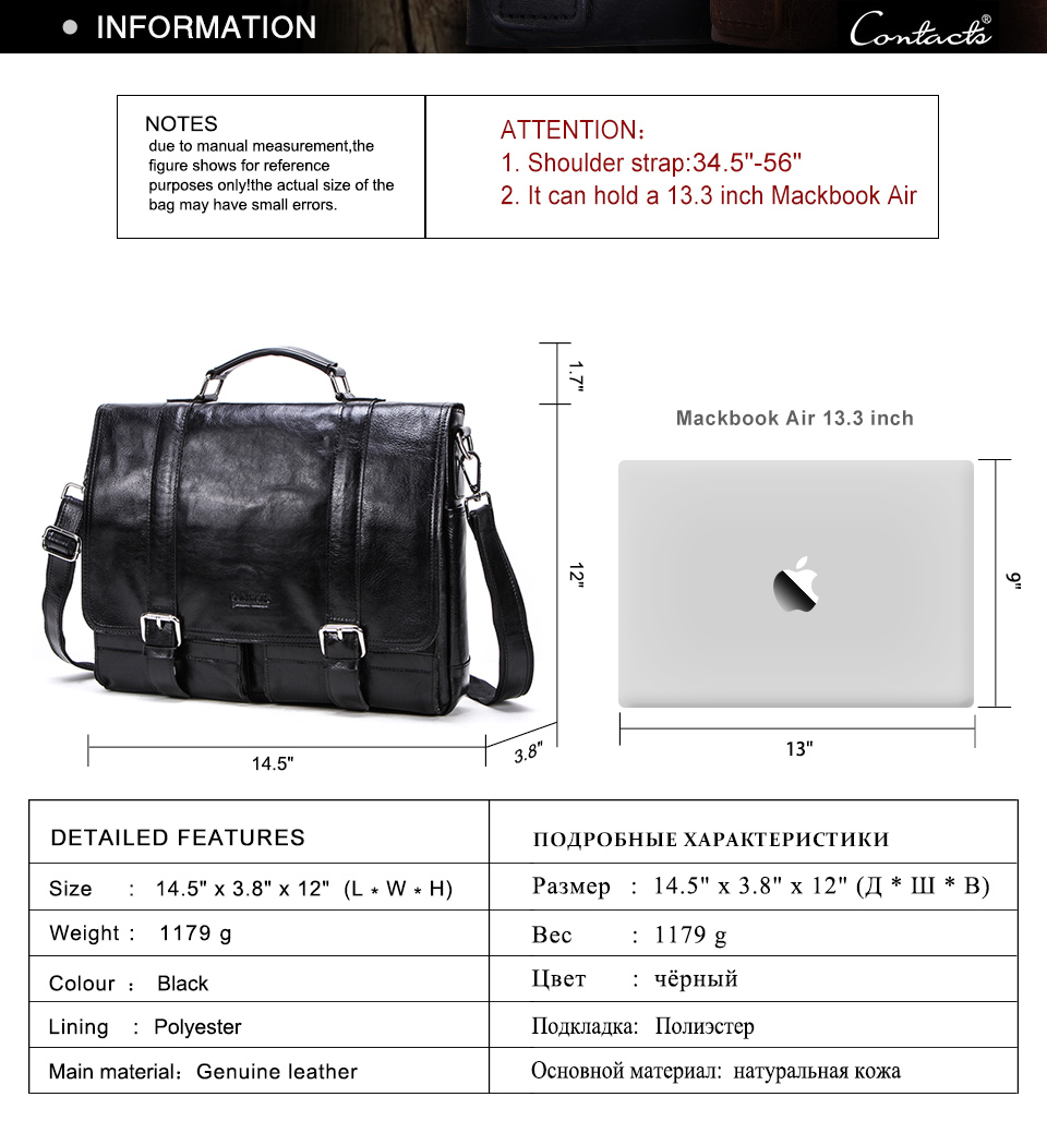 CONTACTS Genuine Leather Business Handbag Laptop Large Shoulder Bag