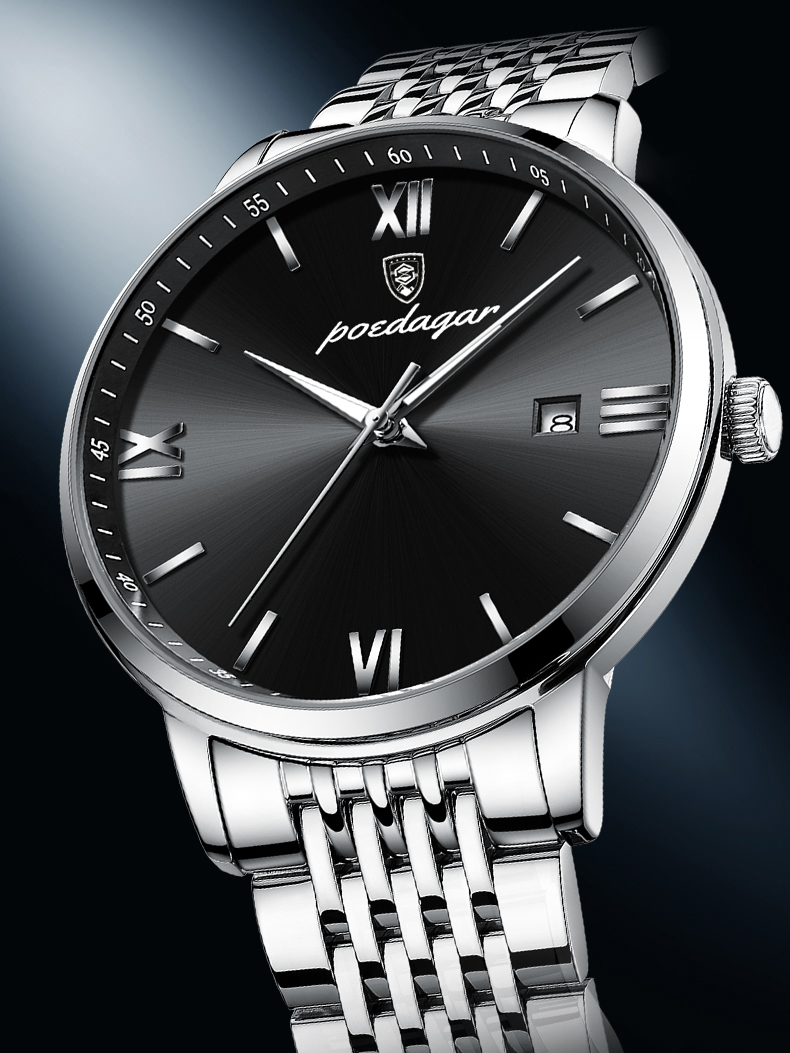 POEDAGAR Watch For Men Waterproof Original Stainless Steel Strap Silver ...