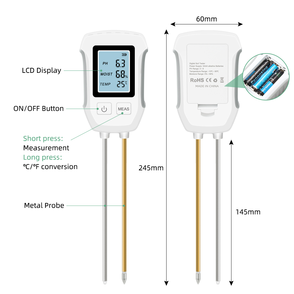 RCYAGO 3 In 1 Soil Tester Double Probe Soil Meter High-Precision Soil ...