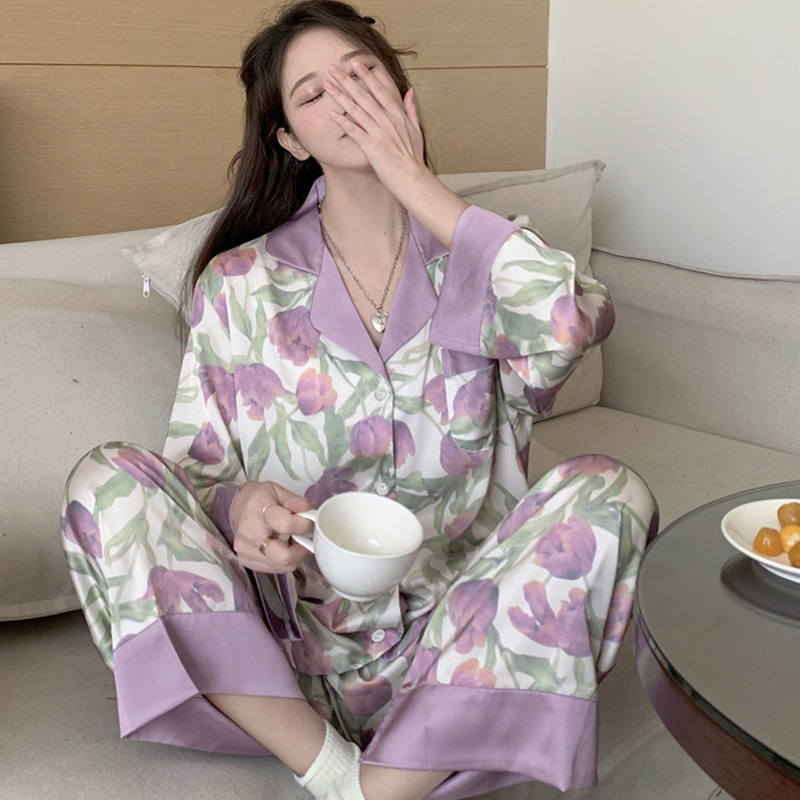 Four Seasons New Women's Pajamas Purple Tulip Long Sleeve Pants Silk ...
