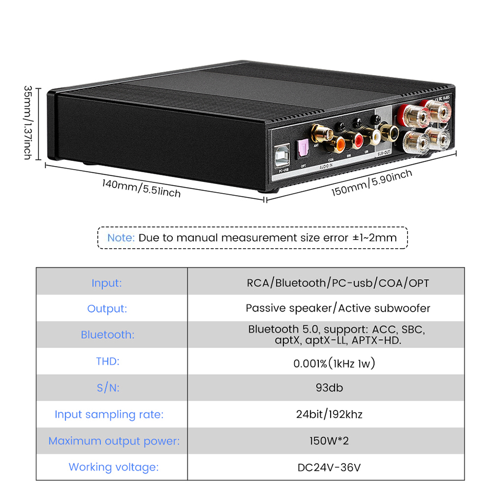 AIYIMA D03 Bluetooth 5.0 Amplificador de potencia 150 vatios x 2 estéreo HiFi 2.1 CH Amplificador de sonido digital 24Bit/192kHz Clase D Amp USB DAC Óptico coaxial OLED AptX, soporte de