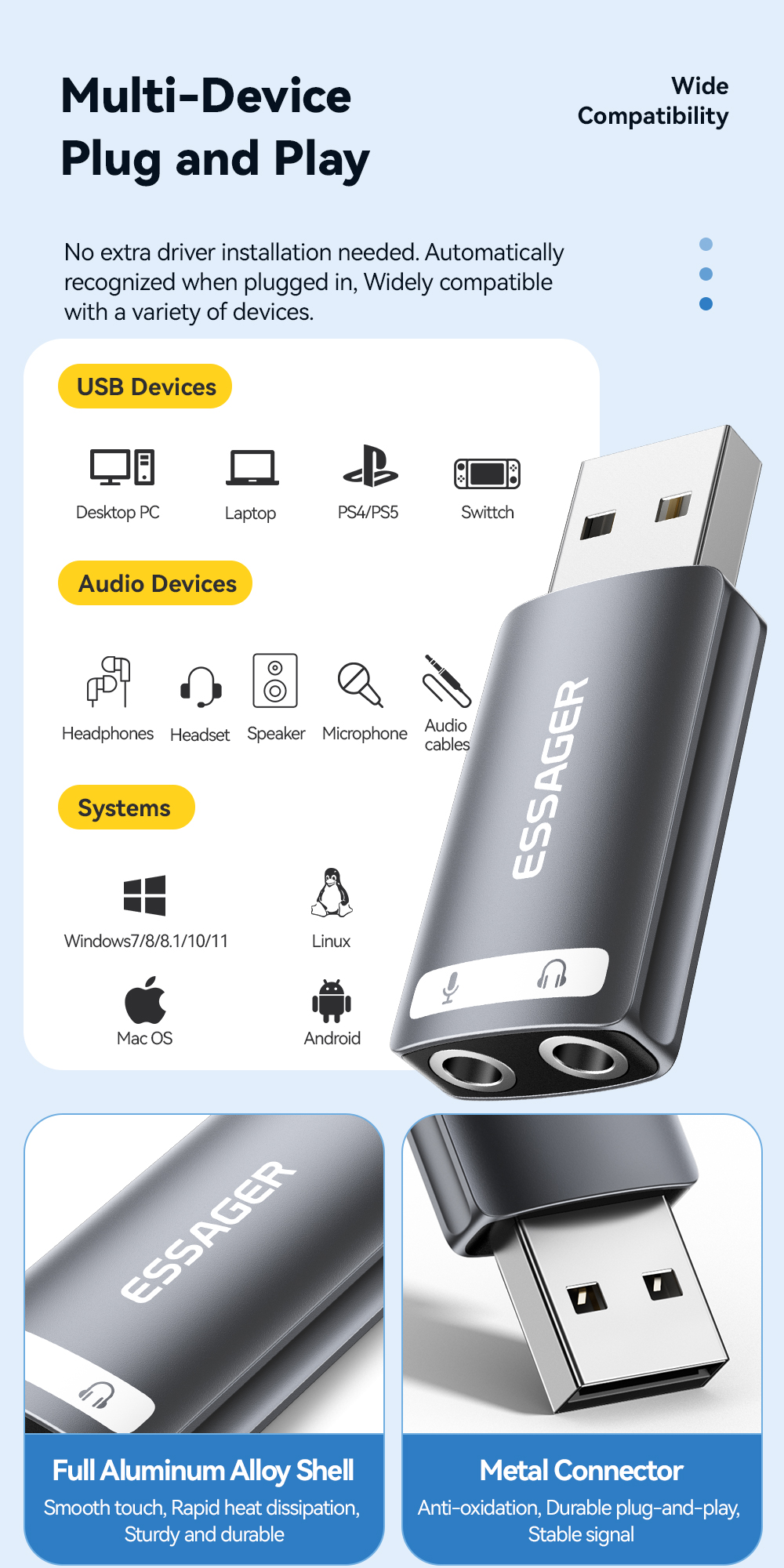 Wefly USB Sound Card | External Stereo Sound Card With 3.5 Mm Headphone