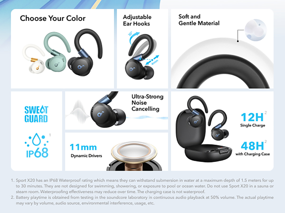 Soundcore Sport X20 True Wireless Earbuds - Ear Hook Design, IP68 Waterproof, Noise Cancelling