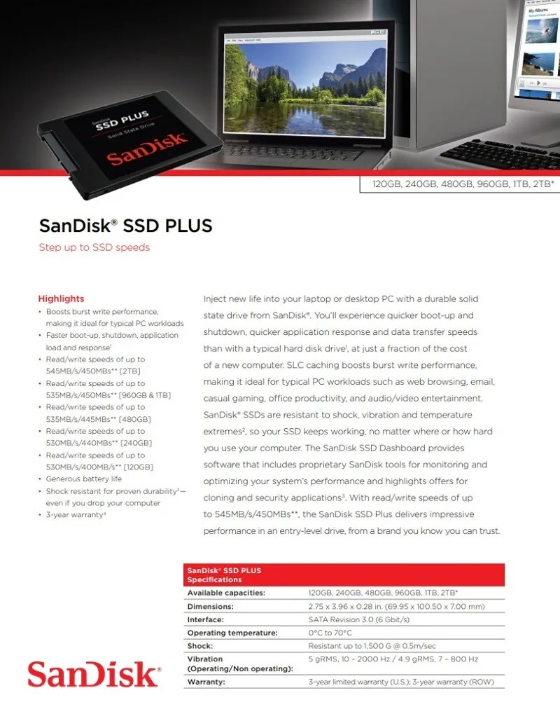 Sandisk 1TB 2TB SSD PLUS SATA III 2.5" Solid State Drive Internal SSD