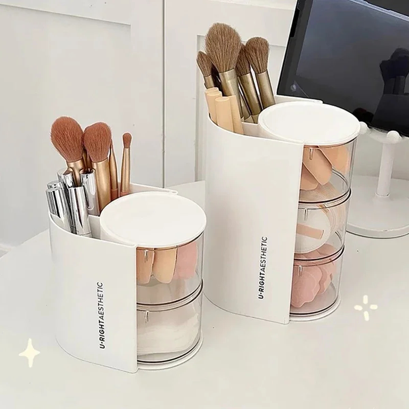 Rotating Cosmetics Storage Box 2in1 Powder Puff Makeup Brush Storage