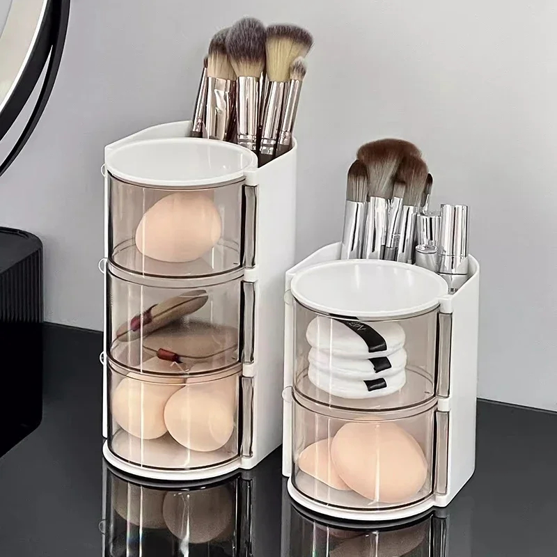 Rotating Cosmetics Storage Box 2in1 Powder Puff Makeup Brush Storage
