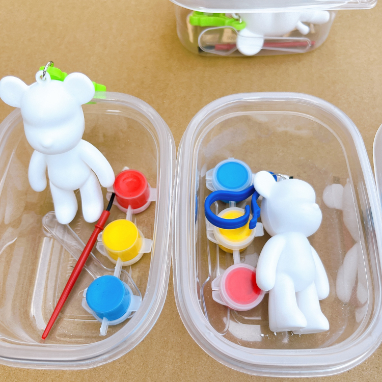 Bear shaped plastic keychain coloring kit, hand painted DIY mini