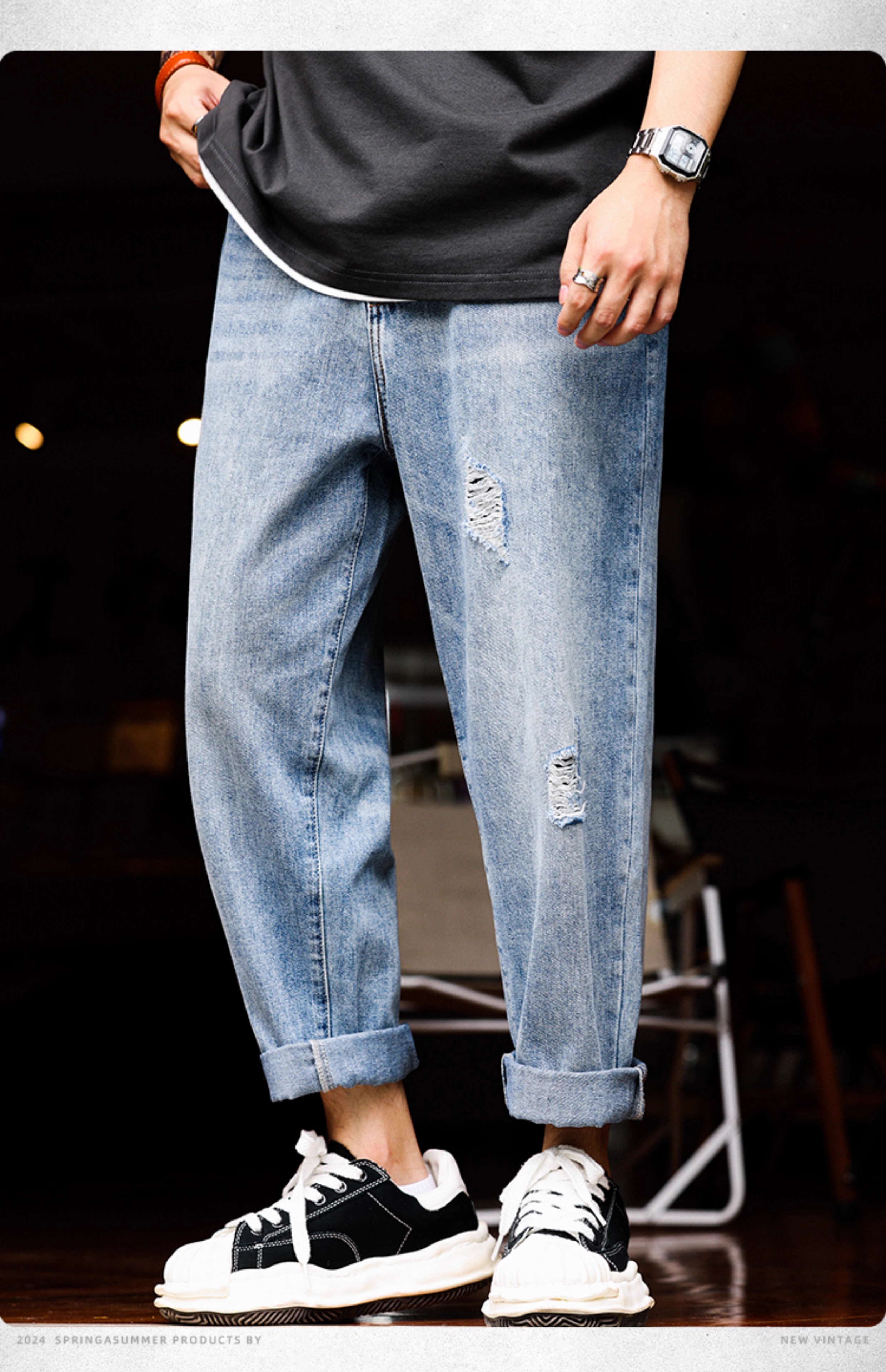 Ripped Blue Jeans Distressed American Style With Drawstring Waist Pockets Spring Fit For Men main image 1