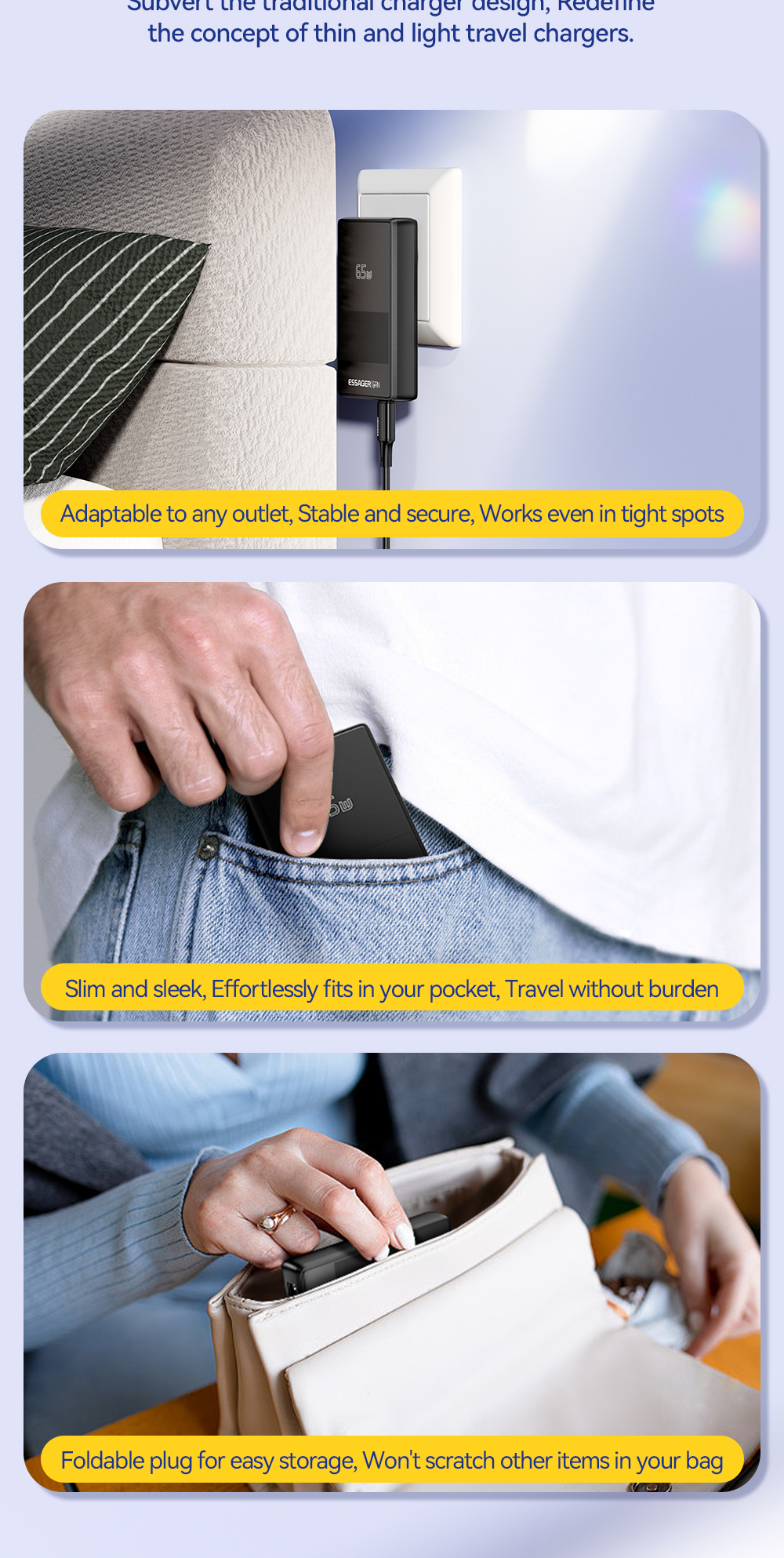 ESSAGER 65W GaN Ultra-thin card-type fast charging charger USB+Type-C ...