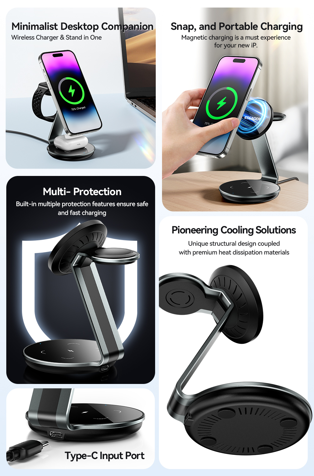 Anna-Kaci Embedded Wireless Charging Panel 15W Fast Charger Aluminum Alloy Built-In Desktop with Type-C Input