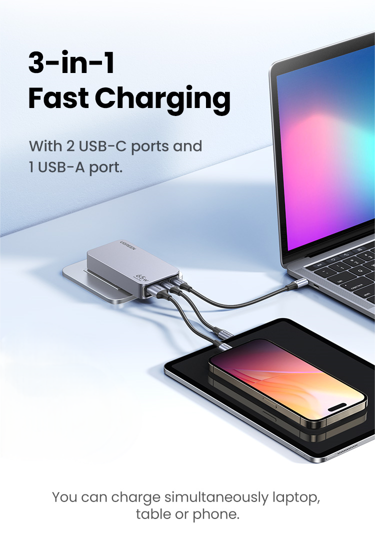 UGREEN GaN 65W Ultra-thin Fast Charger Adapter 3-Port GaN Compact Fast ...