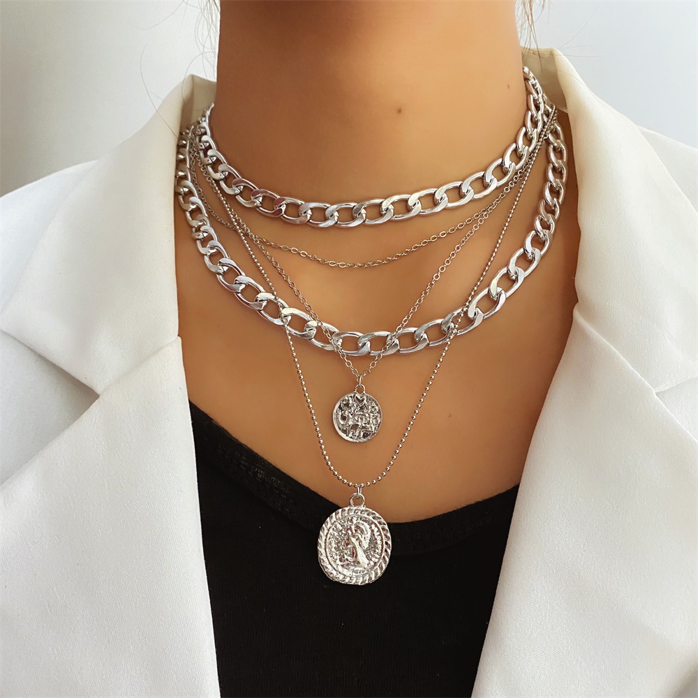 Multi-Layer Long Chain Necklace Punk Lock Moon Pendant for Women Men ...