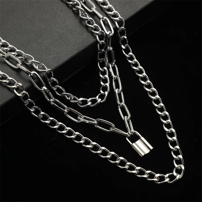 Multi-Layer Long Chain Necklace Punk Lock Moon Pendant for Women Men ...