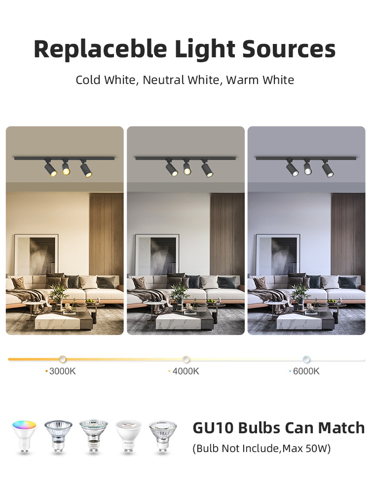 GU10 Spot Led Track Light Rail Replacable Bulb Ceiling Lights Black ...