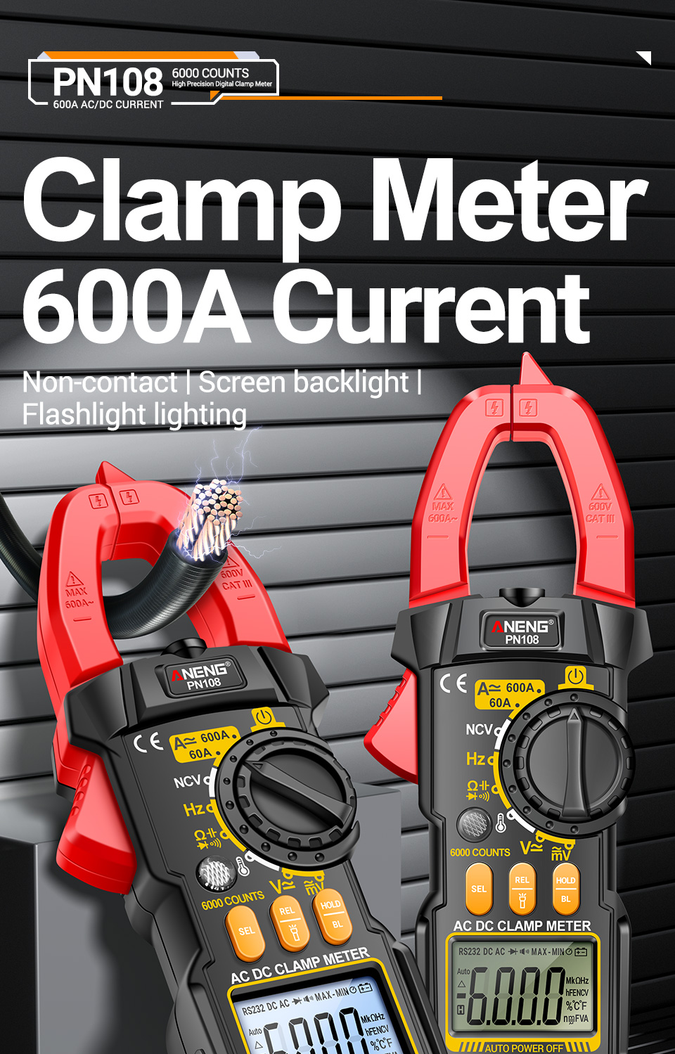 ANENG PN108 Digital Clamp Multimeter 600A Current Meter Tester AC/DC ...