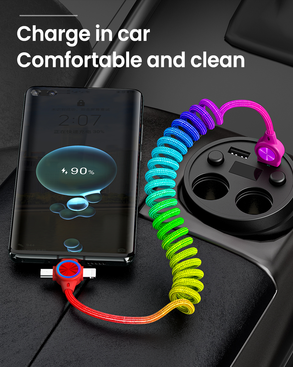 3A Rainbow Multicolor Spring Stretchable 1m Quick Charging Cable 3 in