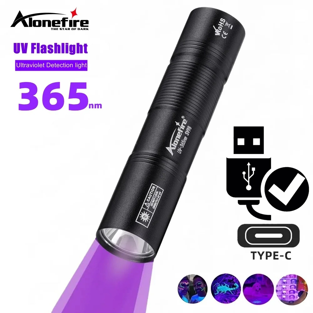Alonefire Lampe UV 365nm USB-C Rechargeable - Détection Urines Minéraux