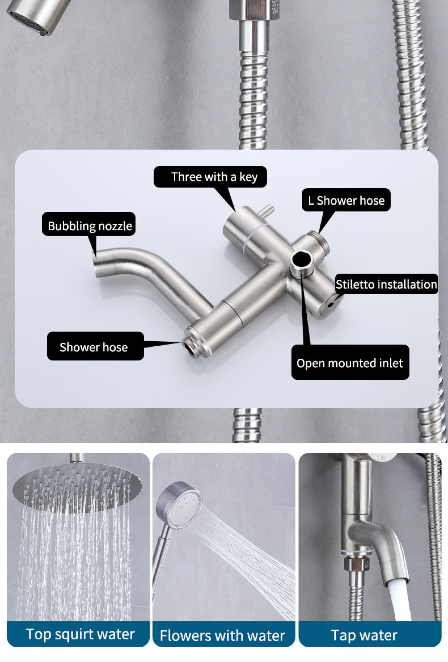 HYM 304 Stainless Steel Single Point Shower Set with Faucet 3 way ...