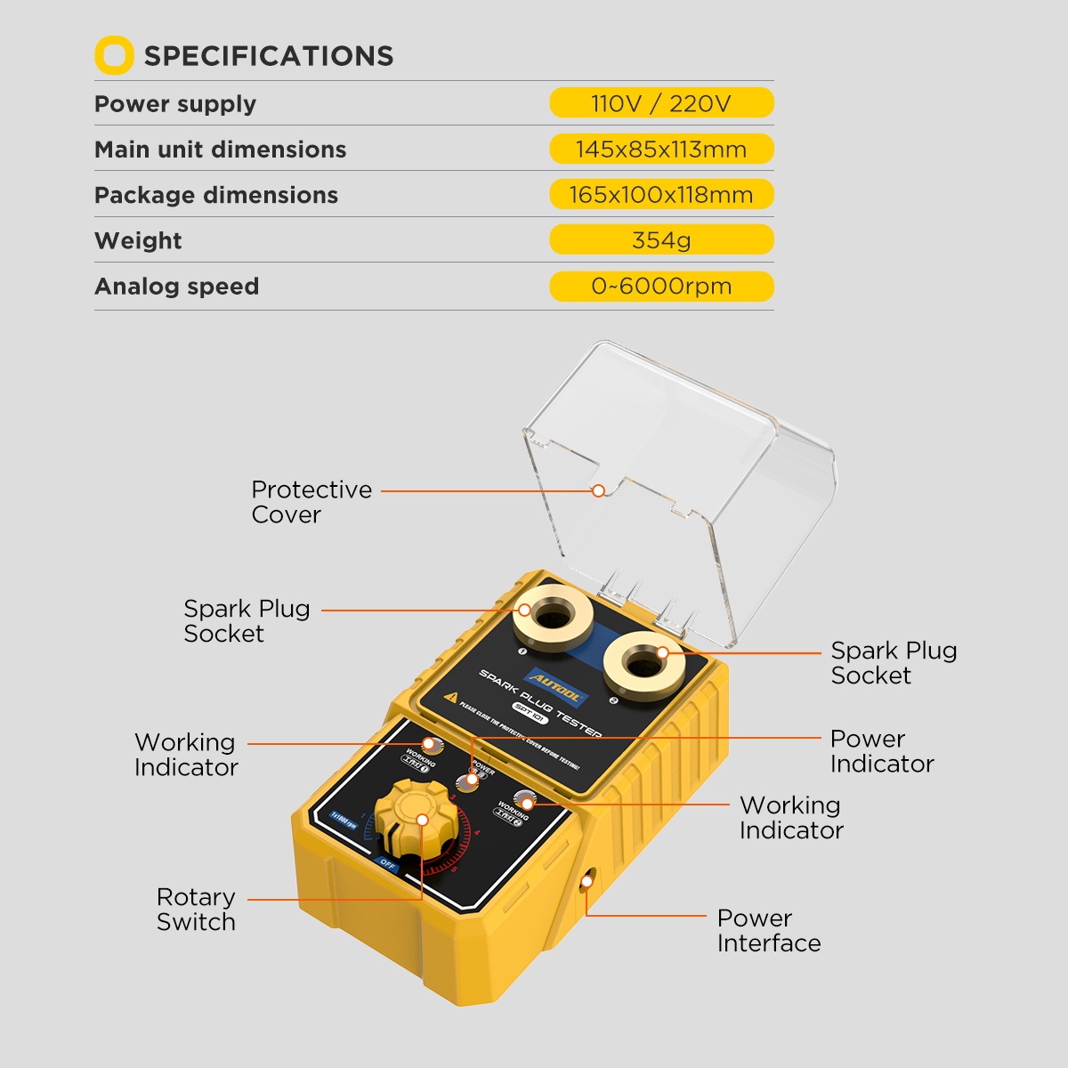 AUTOOL SPT101 spark plug Tester 0-6000 RPM to simulate engine ...
