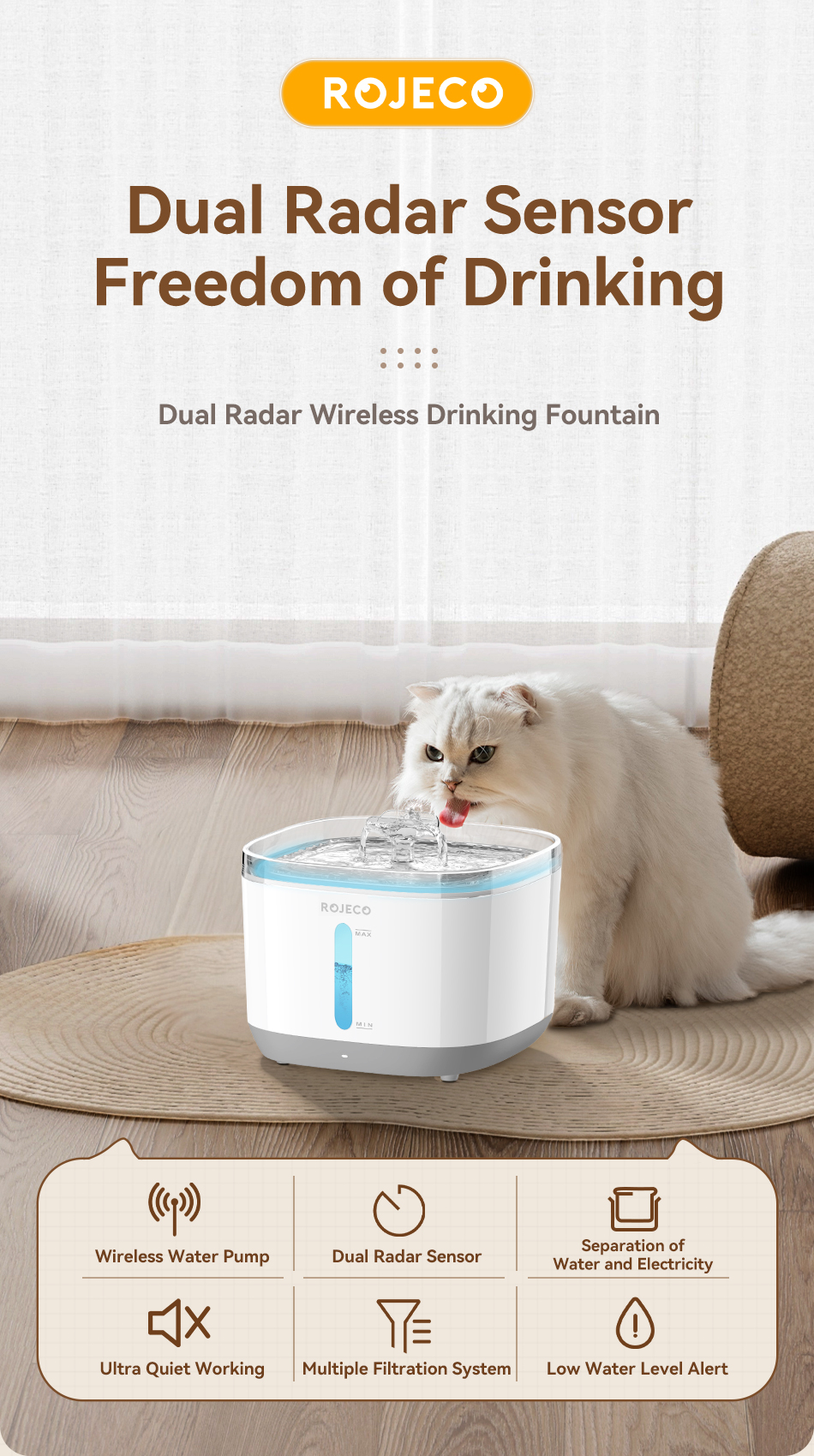 Rojeco Intelligent Cat Water Fountain Pet Dog Water Feeder Wireless