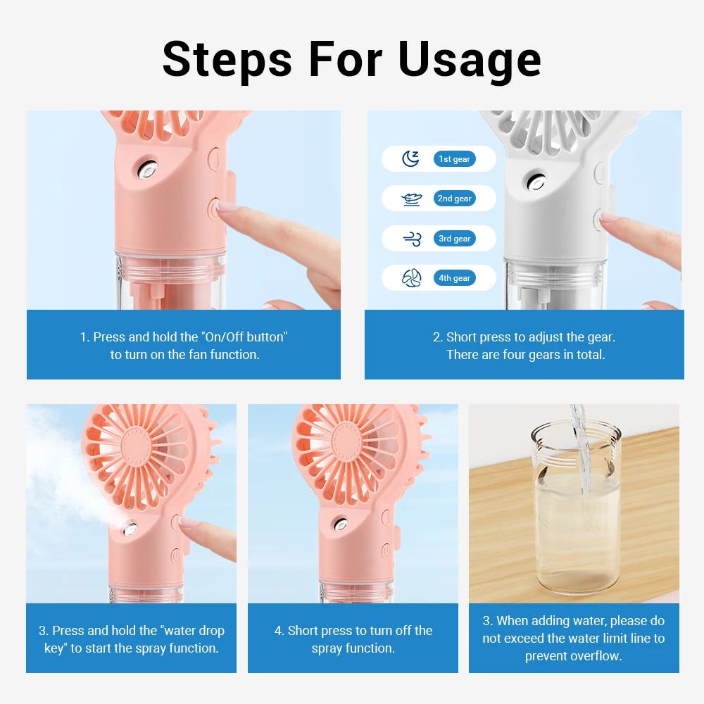 AKER Moisturising Spray Handheld Electric Fan with Mist Hydration Mini ...