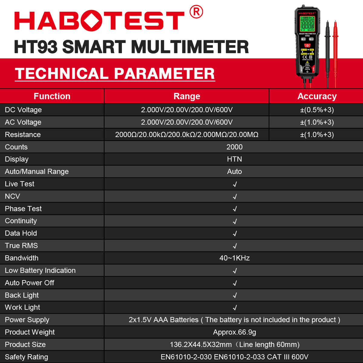 HABOTEST HT93 Digital Multimeter AC/DC Votage Current Automatic Tester ...