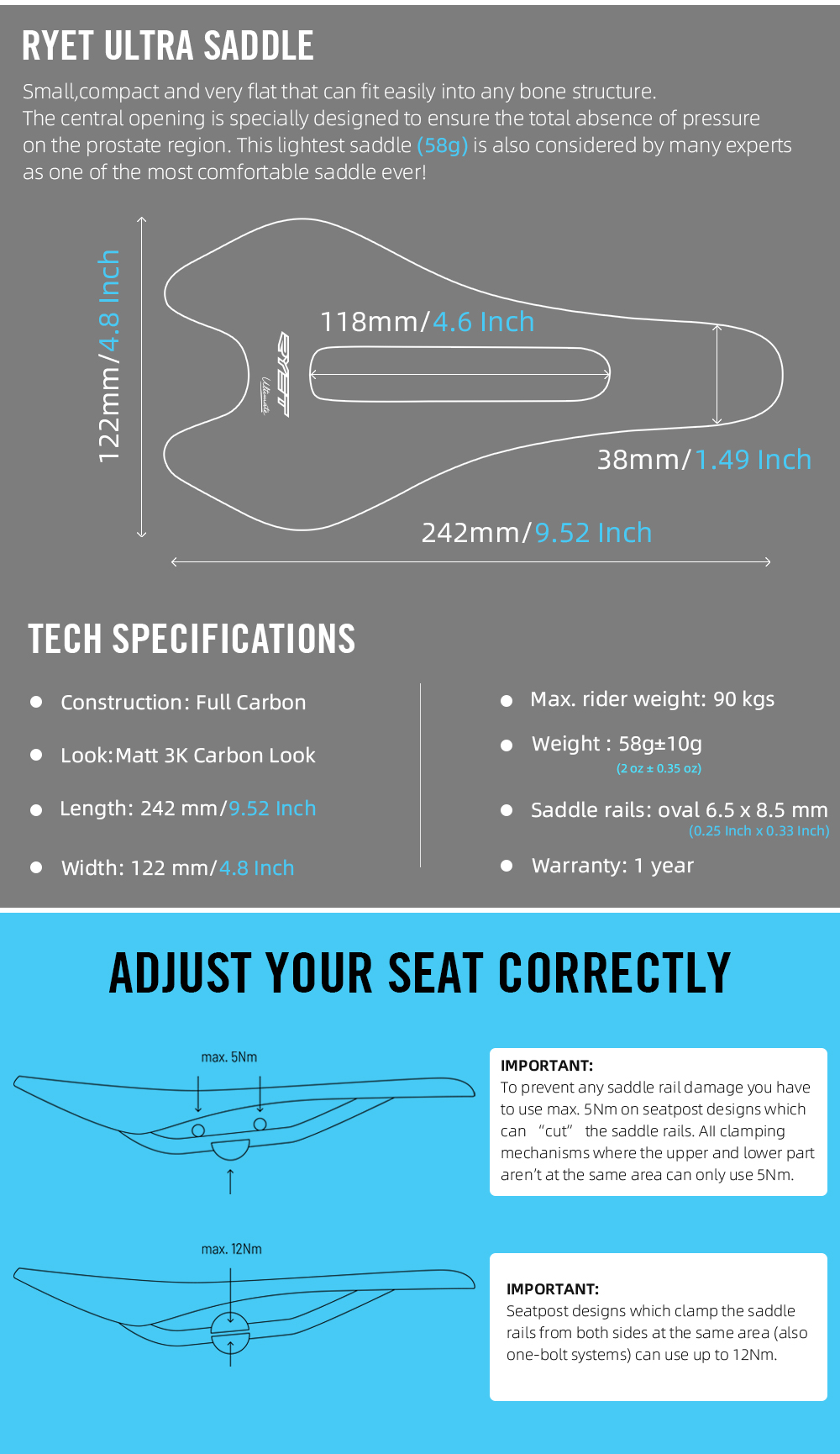 RYET Ultralight 58g Full Carbon Saddle 3K Weave Oval 6.5X8.5(mm), 242/ ...