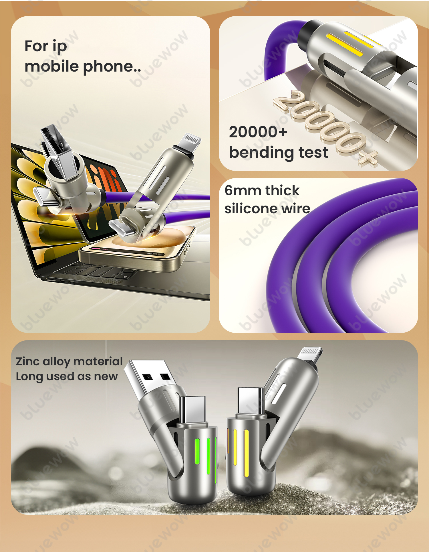 BlueWow 240W Fast Charging 4in1 Data Cable Micro USB Type C USB Data