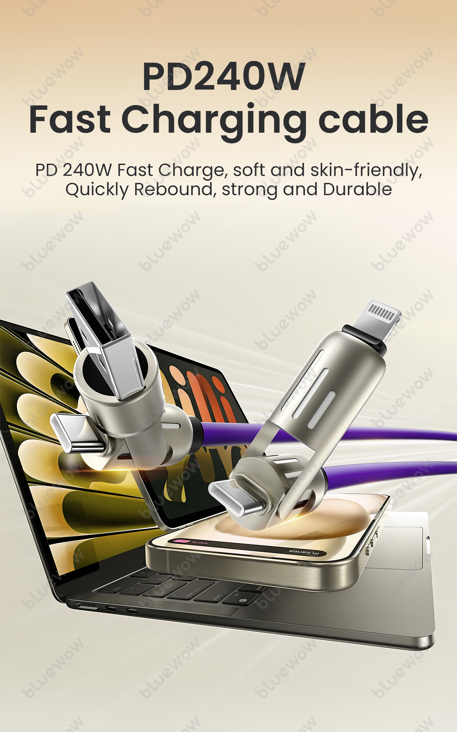 BlueWow 240W Fast Charging 4in1 Data Cable Micro USB Type C USB Data