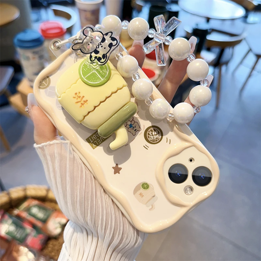 Custodia a onde 3D compatibile con iPhone 15 14 13 12 11 PRO MAX XR XS X 8 7 6 6S PLUS custodia trasparente antisismica con supporto a limone e braccialetto a forma di mucca_voghion.com