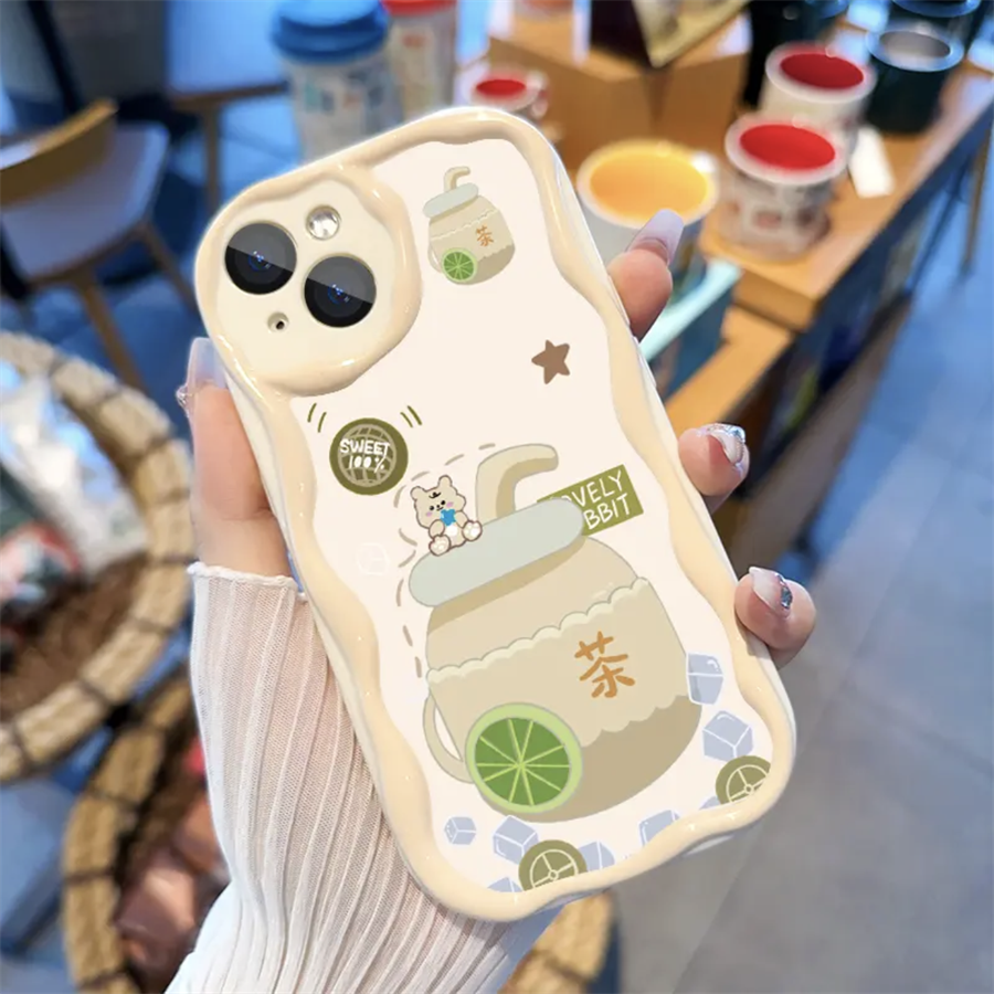 Custodia a onde 3D compatibile con iPhone 15 14 13 12 11 PRO MAX XR XS X 8 7 6 6S PLUS custodia trasparente antisismica con supporto a limone e braccialetto a forma di mucca_voghion.com