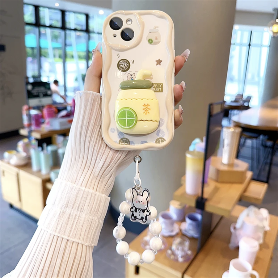 Custodia a onde 3D compatibile con iPhone 15 14 13 12 11 PRO MAX XR XS X 8 7 6 6S PLUS custodia trasparente antisismica con supporto a limone e braccialetto a forma di mucca_voghion.com