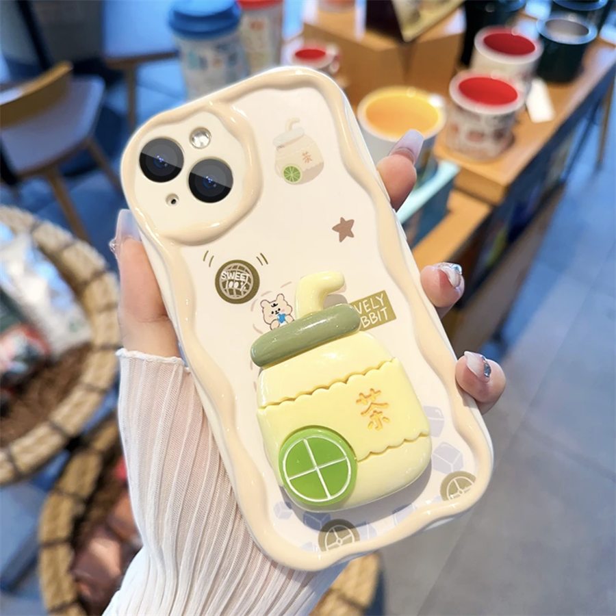 Custodia a onde 3D compatibile con iPhone 15 14 13 12 11 PRO MAX XR XS X 8 7 6 6S PLUS custodia trasparente antisismica con supporto a limone e braccialetto a forma di mucca_voghion.com