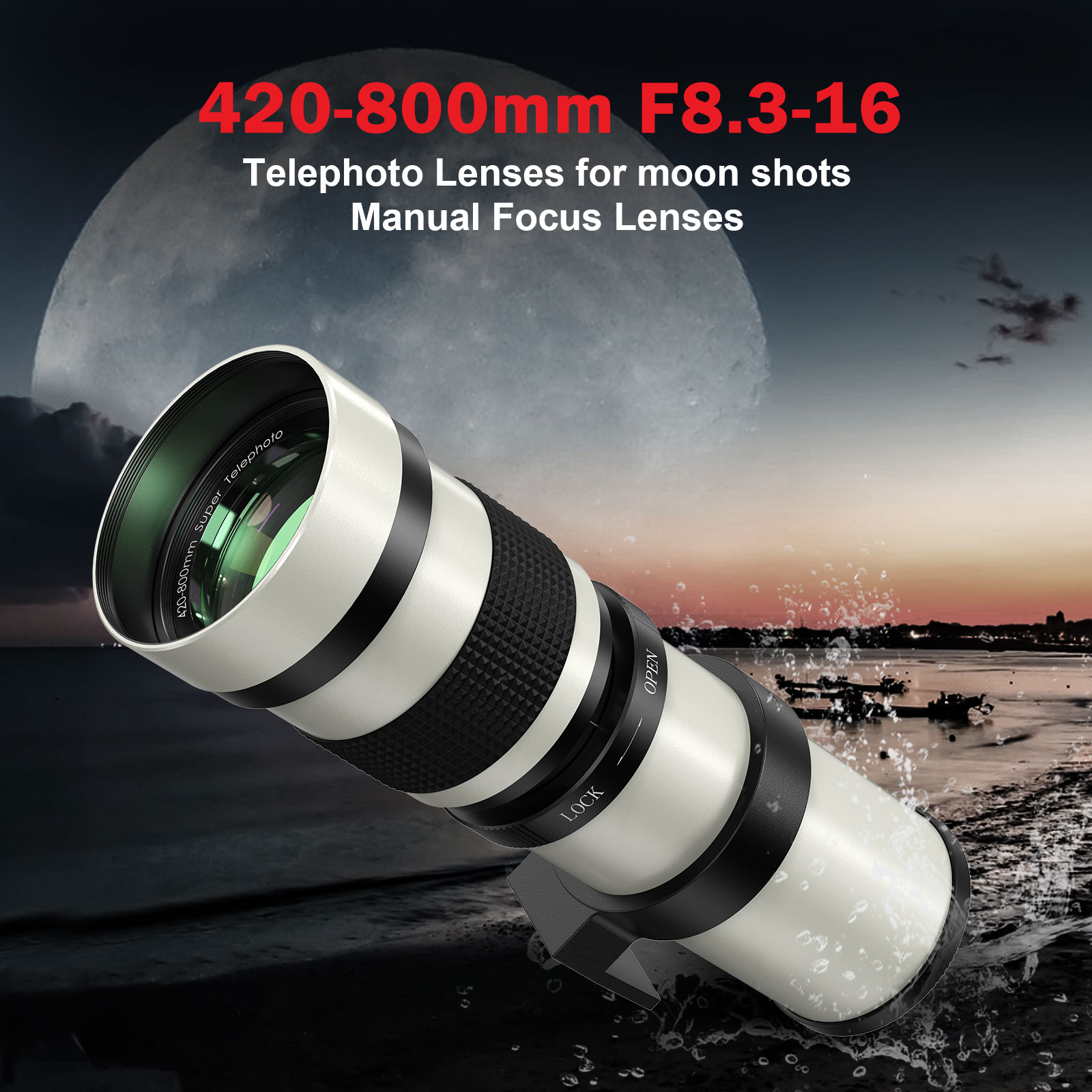Lightdow Telephoto Lens 420-800mm f/8.3 White Manual Zoom Lunar ...