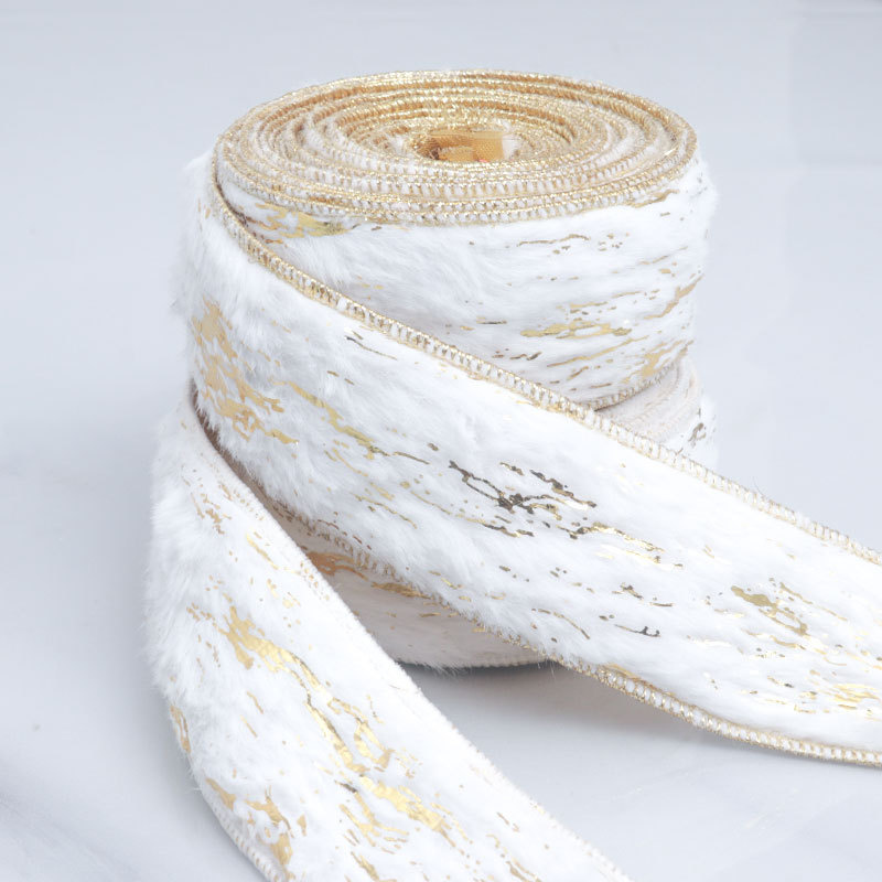 10yards Plush Wire Christmas Ribbon Velvet White Gold Ribbons Wreath ...
