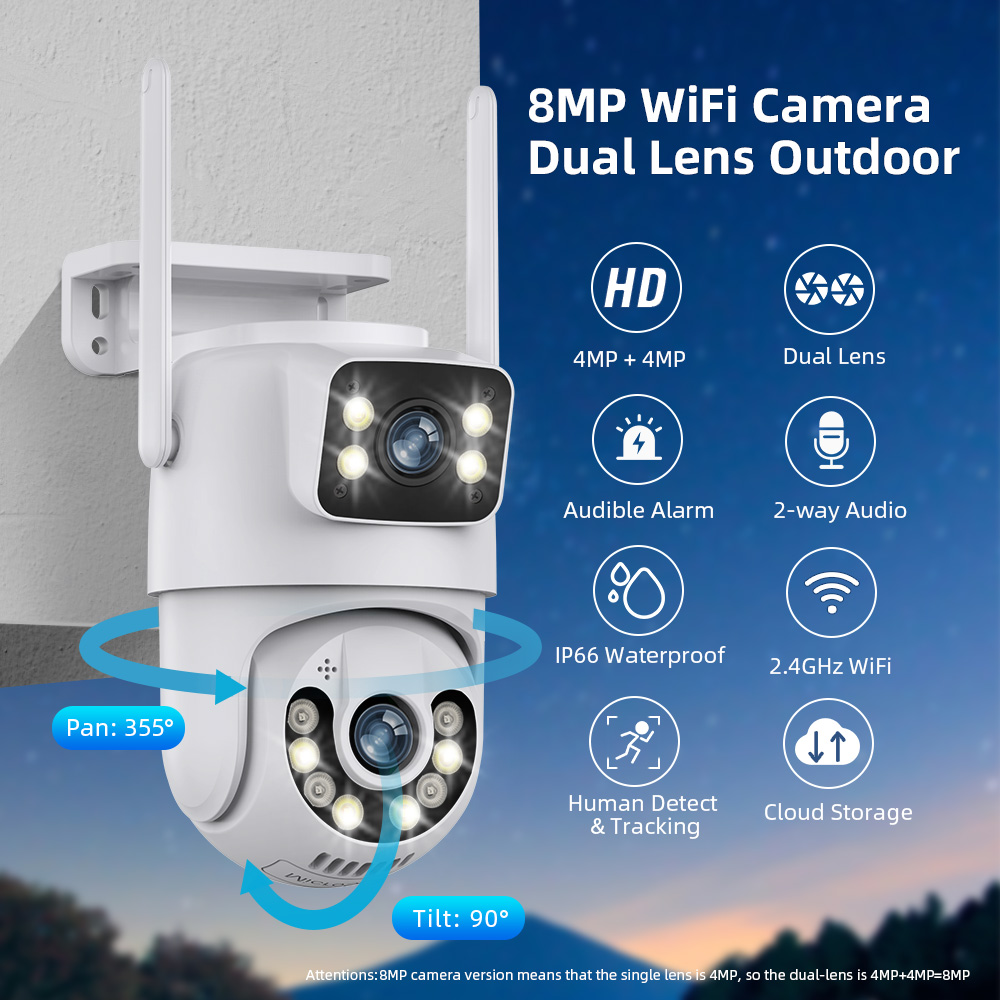 Wifi Surveillance Camera 4K 8MP Dual Lens Wireless Outdoor Security PTZ