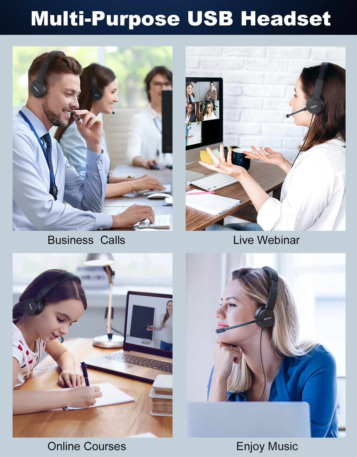 EKSA H12E USB Wired Computer Headphones On-Ear PC Office Headset with ...
