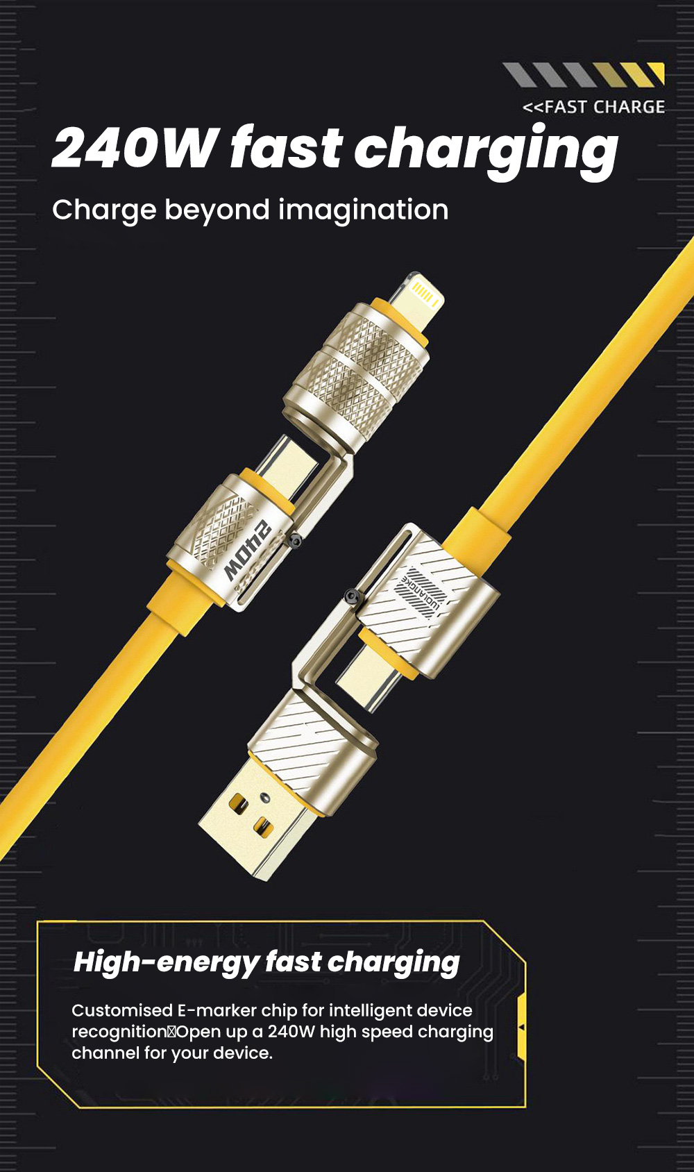 4 in 1 USB Cable 240W Fast Charging Cable For S23 iP15 Xiaomi Huawei