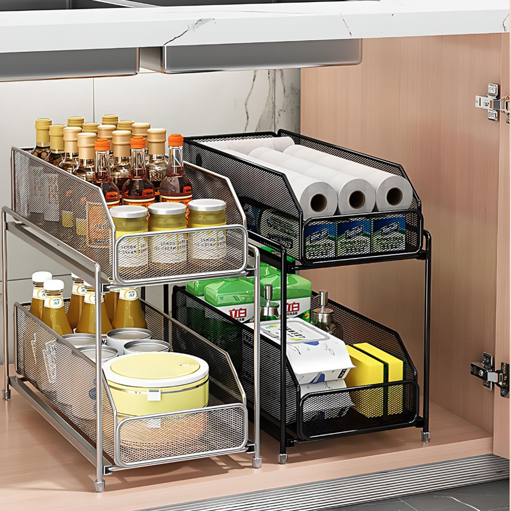 Kitchen Storage Rack For Under Sink Bathroom Organzier Pull Out Basket ...
