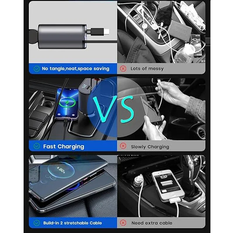 120W Car Charger 4 IN 1 PD QC3.0 Retractable Car Charger Mobile Phone