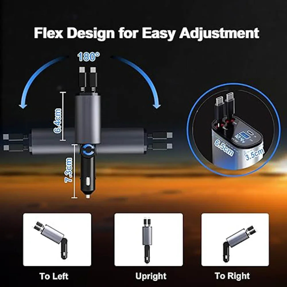 120W Car Charger 4 IN 1 PD QC3.0 Retractable Car Charger Mobile Phone