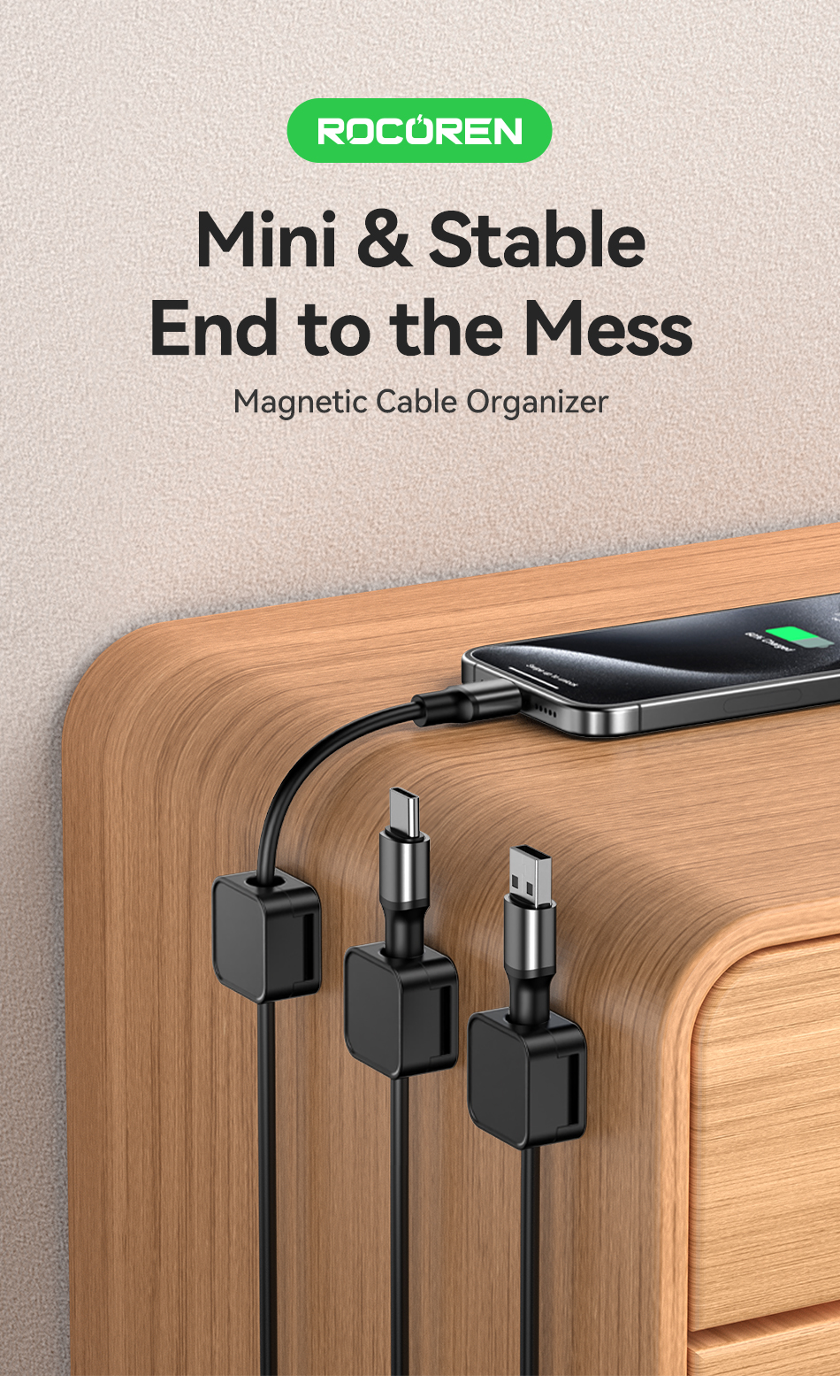 6-Piece Magnetic Cable Clips With 2 Adhesive Bases – Cord Organizer For Nightstand, Computer, USB & Phone Charger Cables, Smooth Adjustable