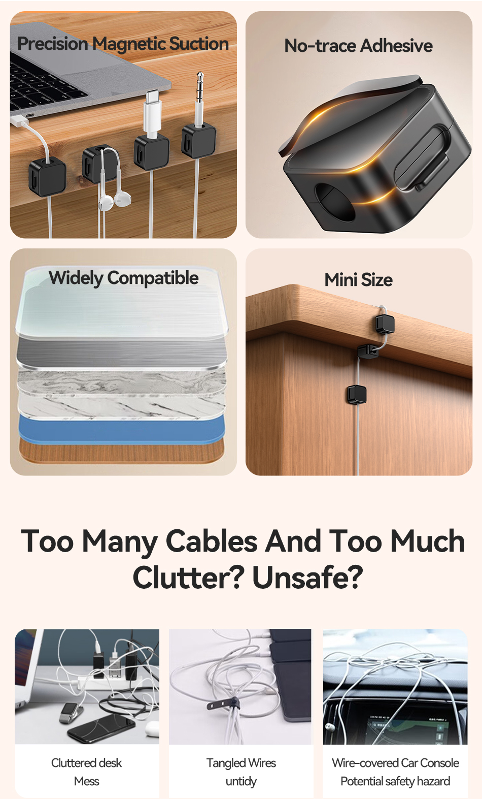 Rocoren 6Pcs Square Cable Clips Desk Cable Management Adhesive