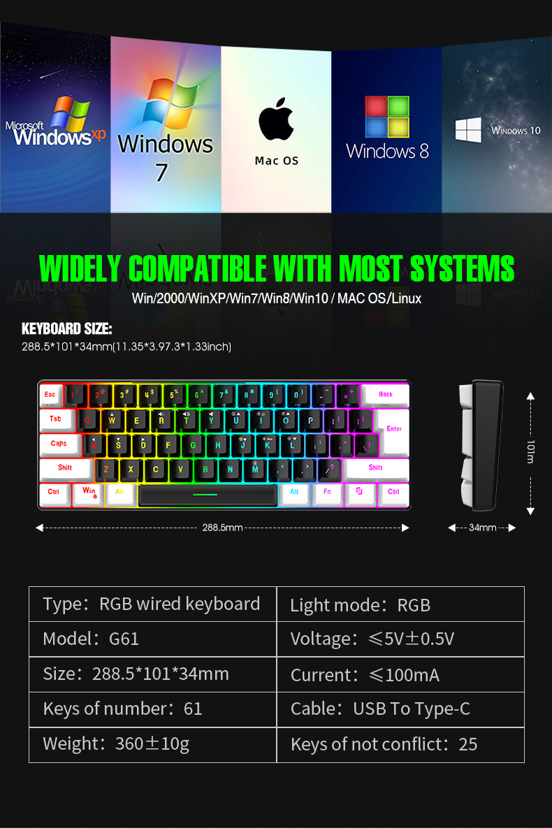 Keyboard For Gaming 61 Keys Wired Mechanical Keyboard Feel With RGB ...