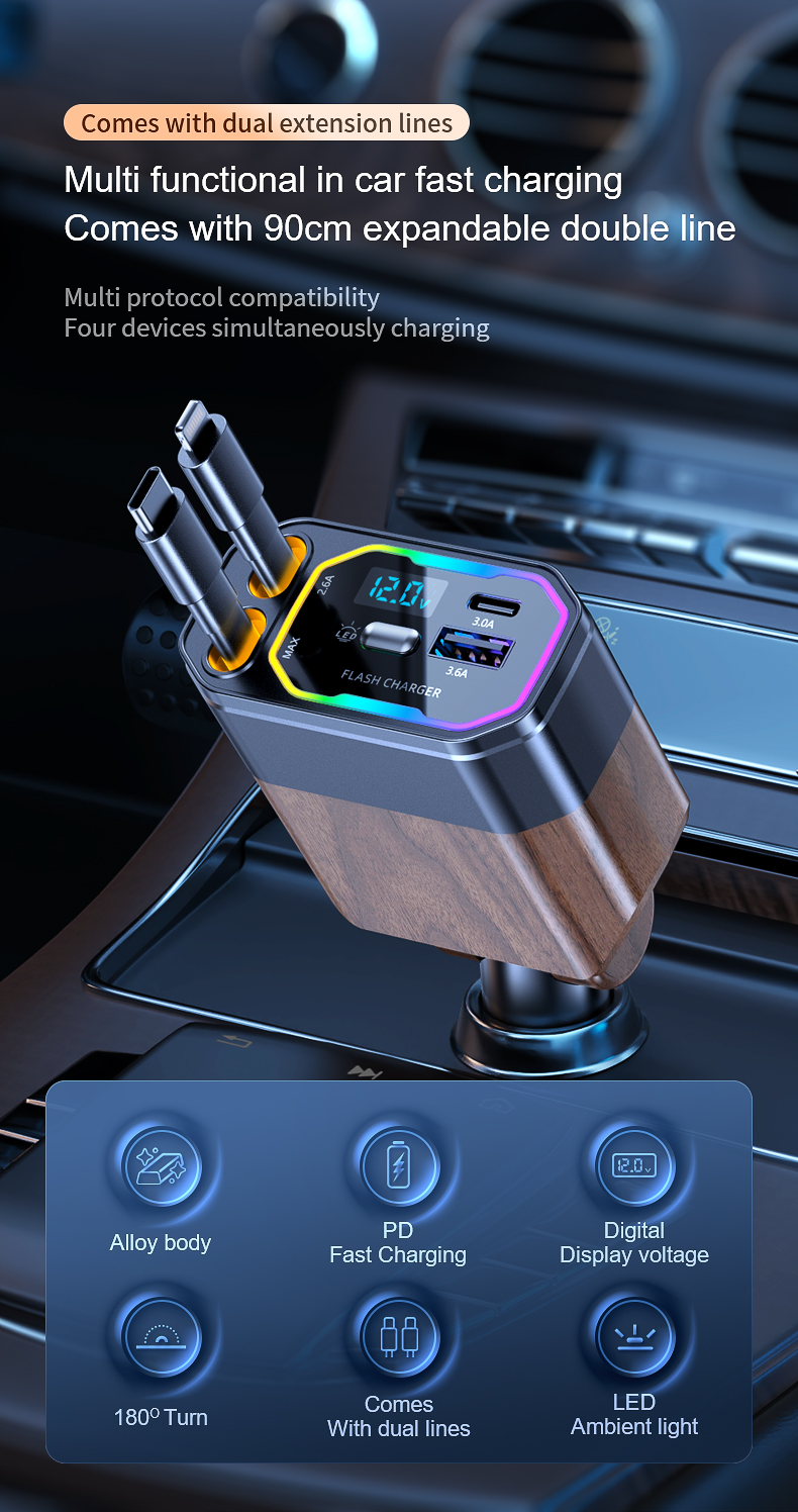 [Local shipment]Car Charger Mobile Adapter With BuiltIn Retractable