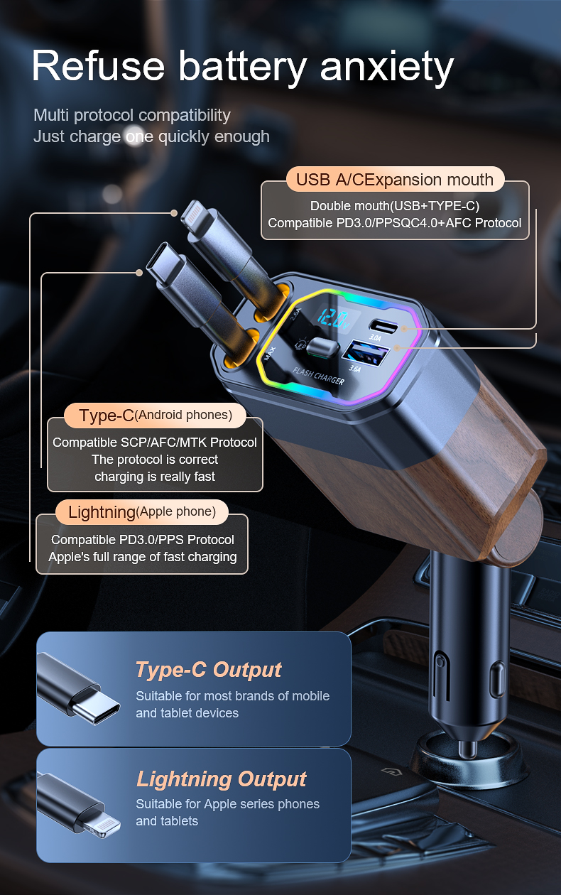 [Local shipment]Car Charger Mobile Adapter With BuiltIn Retractable